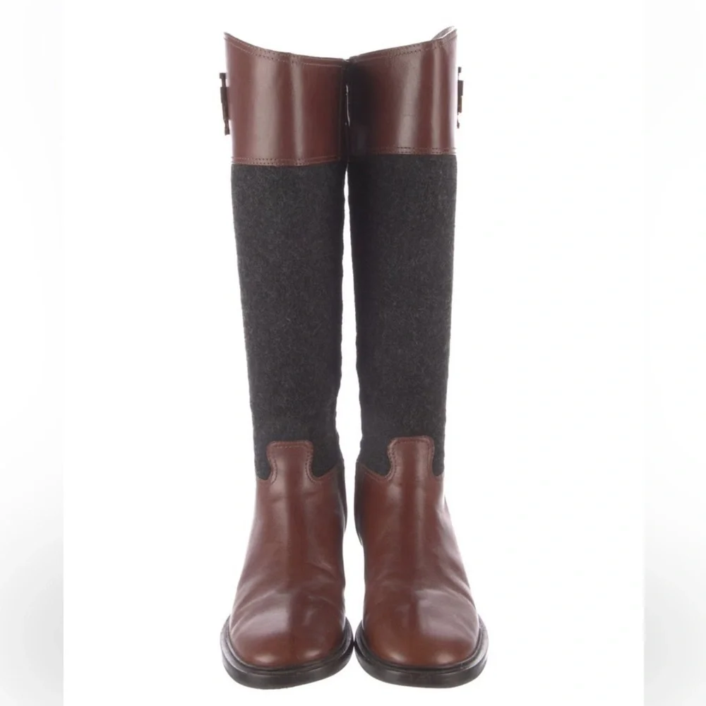 Tory Burch Brown Leather & Charcoal Wool Over-the-Knee Boots